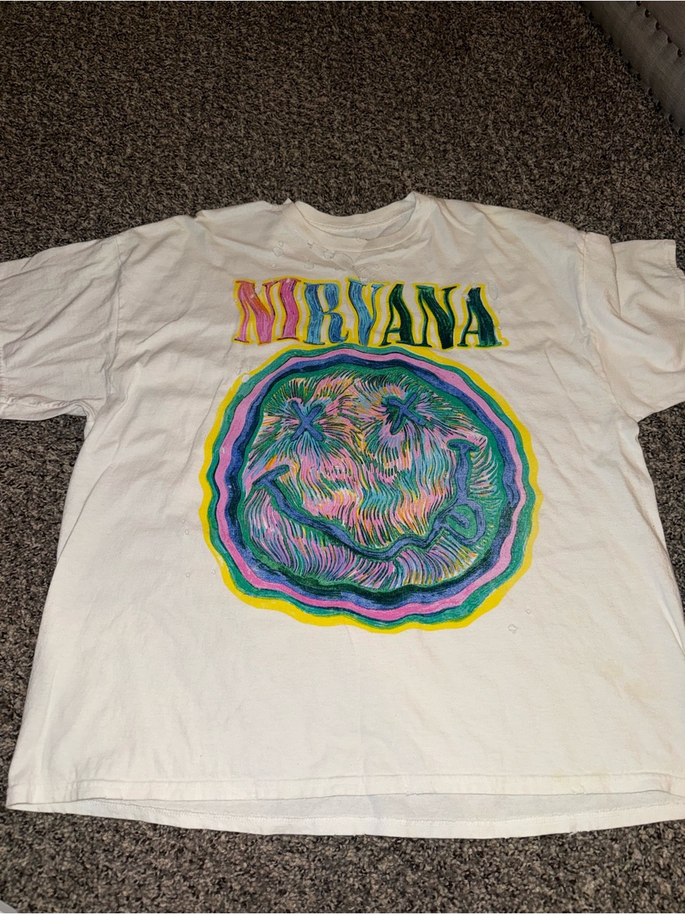 Nirvana Women's White oversized Graphic Tee with Multicolor Logo